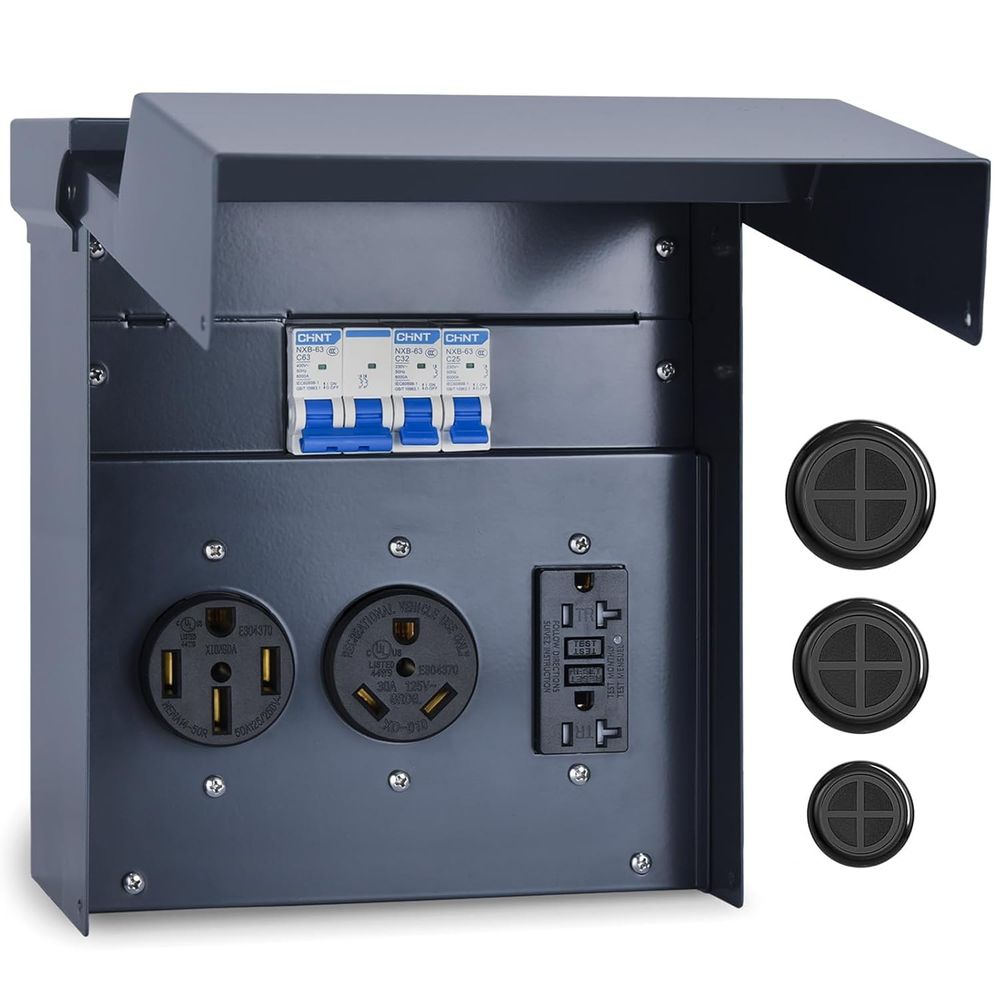 Outdoor Power Receptacle Box - RV Electrical Panel with Breaker, Temporary